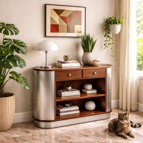 Vintage console table with two drawers, open compartments, oval top with exotic wood veneer as well as the fronts of the...