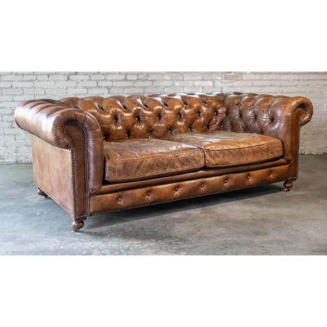 Animal Skin Restoration Hardware Distressed Cigar Leather Kensington Luxe Sofa For Sale - Image 7 of 17