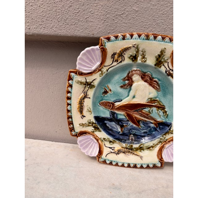 Nautical 19th Century Square Majolica Mermaid Wall Plate Nimy Les Mons For Sale - Image 3 of 4
