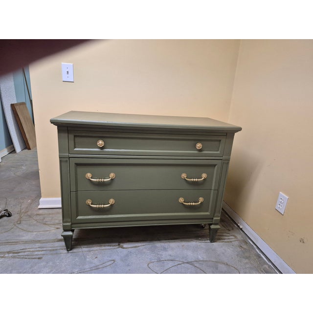Traditional Timeless Vintage Sage Three-Drawer Dresser With Warm Gold Hardware For Sale - Image 3 of 11