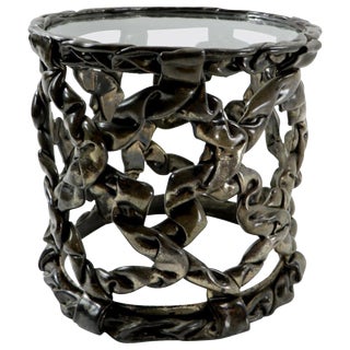 Brutalist Drum Table of Resin and Glass For Sale