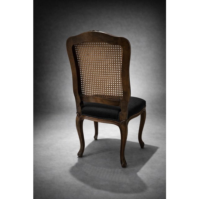Wood Mid 20th Century Refinished French Provincial Cane-Back Dining Chairs in Old Chapel Walnut With Black Upholstery – Pair For Sale - Image 7 of 8