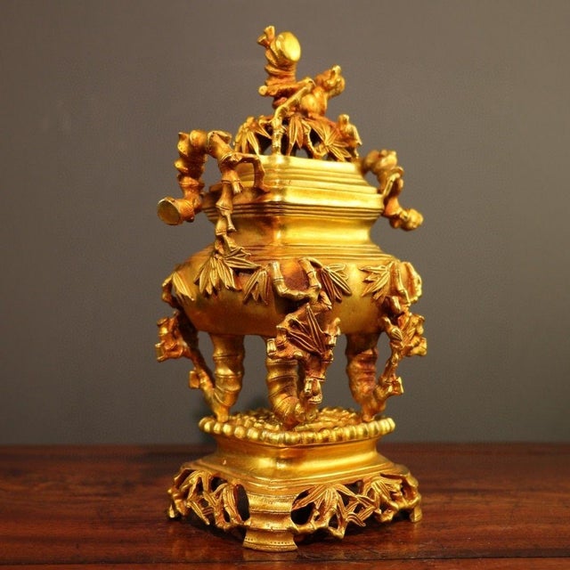 Traditional Late 20th Century Gilt Bronze Bamboo-Form Censer With Guardian Lion Finial For Sale - Image 3 of 9