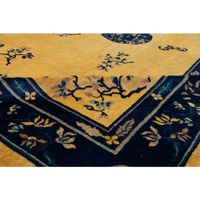 Textile 1920s Antique Peking Designed Chinese Wool Rug Handmade in Golderod Color For Sale - Image 7 of 10
