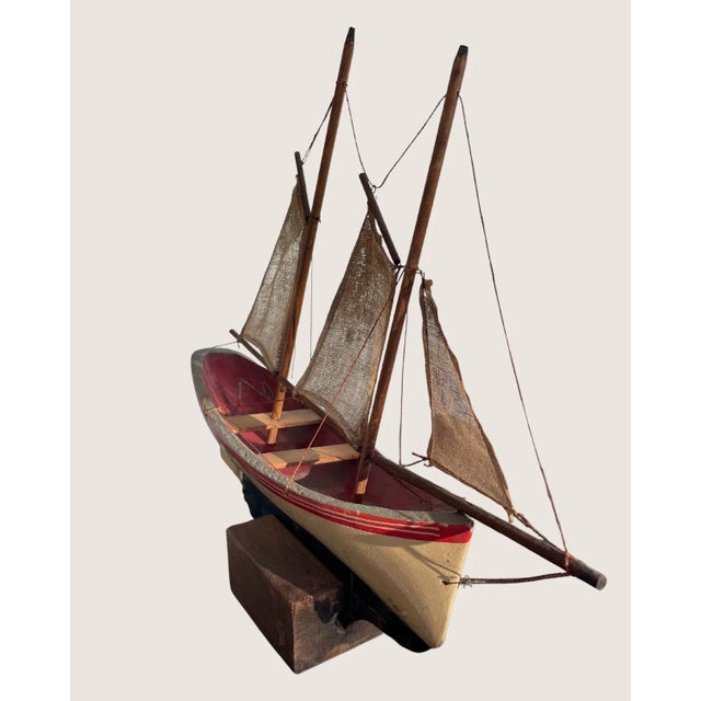 Antique Hand-Carved Wooden Ship Model With Linen Sails, Folk Art For Sale In Dallas - Image 6 of 13