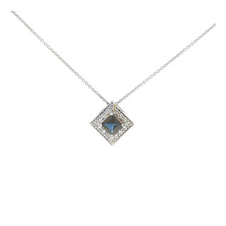 14k White Gold Sapphire and Diamond Square Pendant For Sale