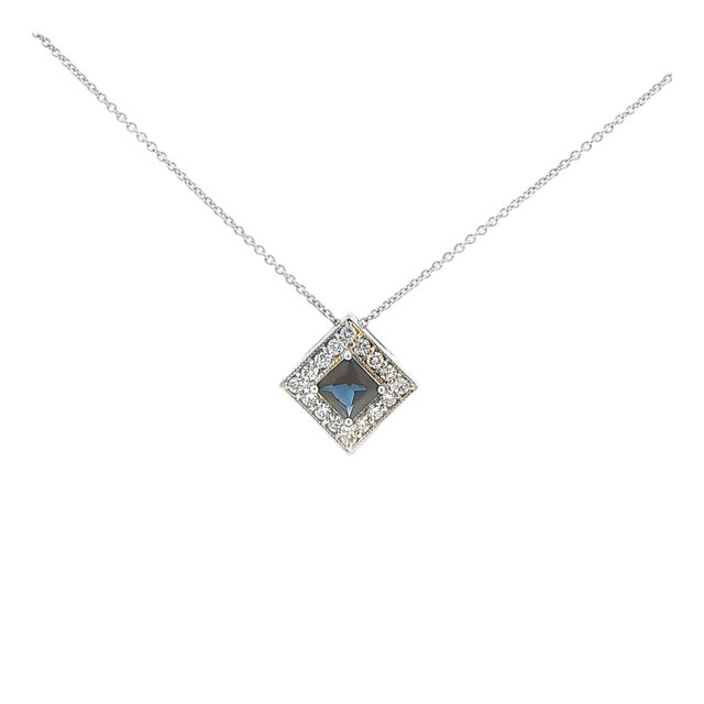 14k White Gold Sapphire and Diamond Square Pendant For Sale
