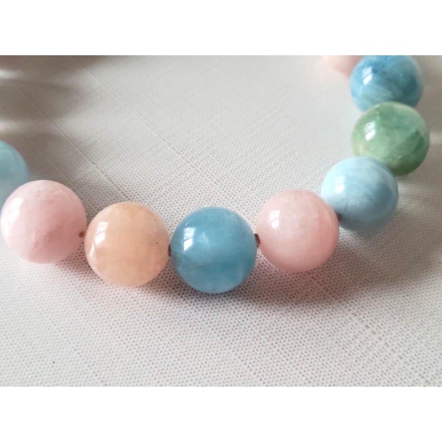 Contemporary Aquamarine Morganite Beryl Beaded Necklace With Silver Clasp Porcelain Cameo Clasp For Sale - Image 3 of 11