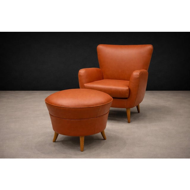 Burnt Orange Brazilian Modern Armchair with Ottoman in Hardwood & Leather by Carlo Hauner, Brazil, 1950s - Lot 353 For Sale - Image 8 of 12