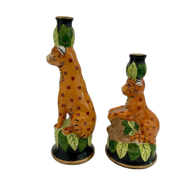 2000 - 2009 2 Vntage Porcelain Jungle Cat Candlestick Holder Leopard Cheetah For Sale - Image 5 of 8