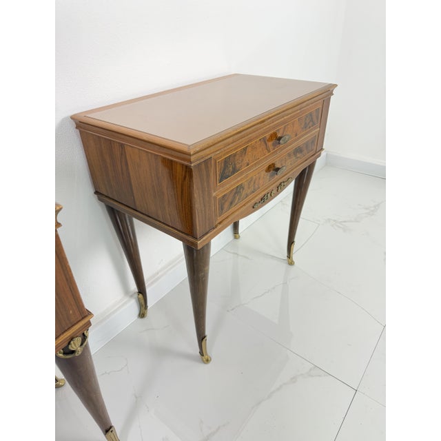 Mid-Century Modern Vintage Italian Bedside Tables with Pink Glass Top and Brass Feet, 1950s, Set of 2 For Sale - Image 3 of 18