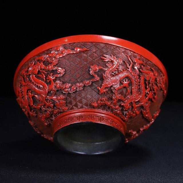 Vintage Chinese Cinnabar Carved Lacquer Bowl With Dragon Motif For Sale - Image 10 of 10