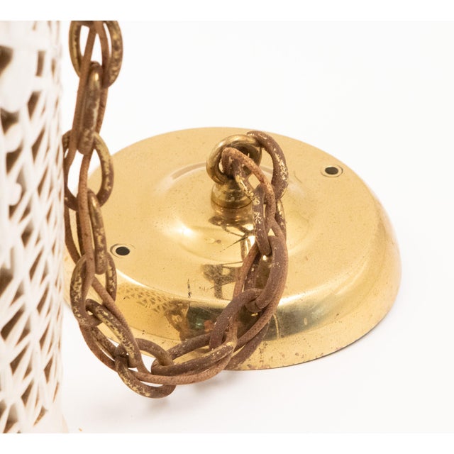 Mid 20th Century White Pierced Ceramic Pendant Lights With Brass Hardware - a Pair For Sale - Image 9 of 11