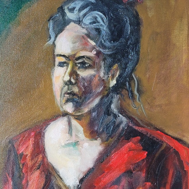 Vintage Portrait "Woman in Red Dress" Expressionist Oil Painting by Rosemary Rabut Signed 18x24 Measures 18x24 Oil on...