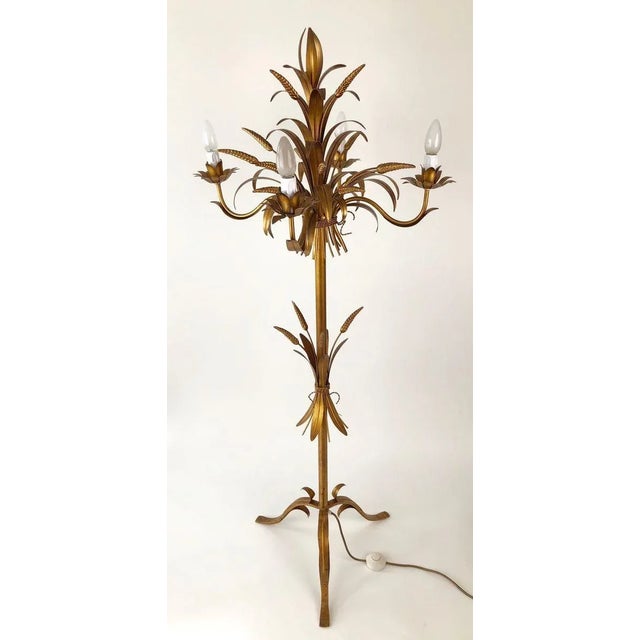Mid-Century Modern Italian Gilt Metal Candelabra Floor Lamp with Sheaf of Wheat Motif, 1963 For Sale - Image 3 of 18