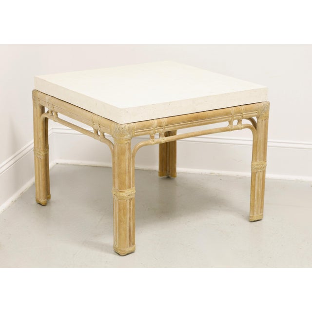 Brown Late 20th Century Whitewashed Oak & Rattan Faux Marble Top Coastal Square End Side Table For Sale - Image 8 of 8