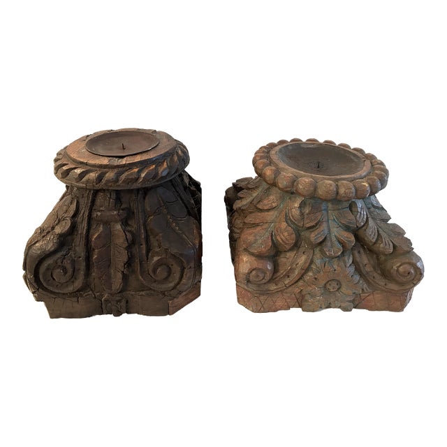 Antique Salvaged Carved Wood Column Top Pillar Candleholders, a Pair For Sale