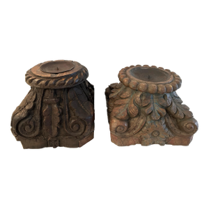 Antique Salvaged Carved Wood Column Top Pillar Candleholders, a Pair