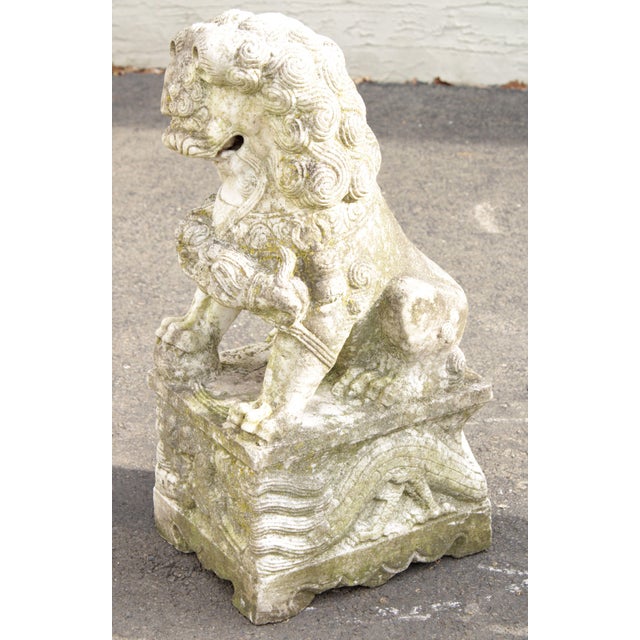 Early 20th Century Chinese Marble Foo Dog Guardian Statues A Pair