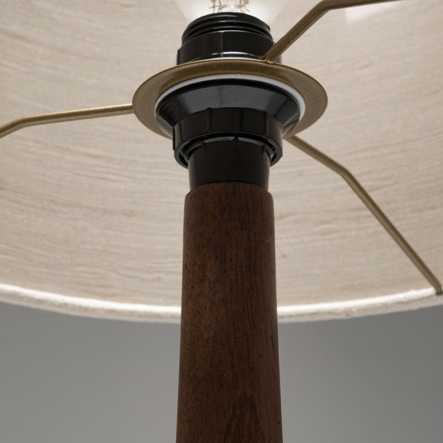 Wood Teak and Brass Table Lamp with Silk Shade, Denmark, 1960s For Sale - Image 7 of 8