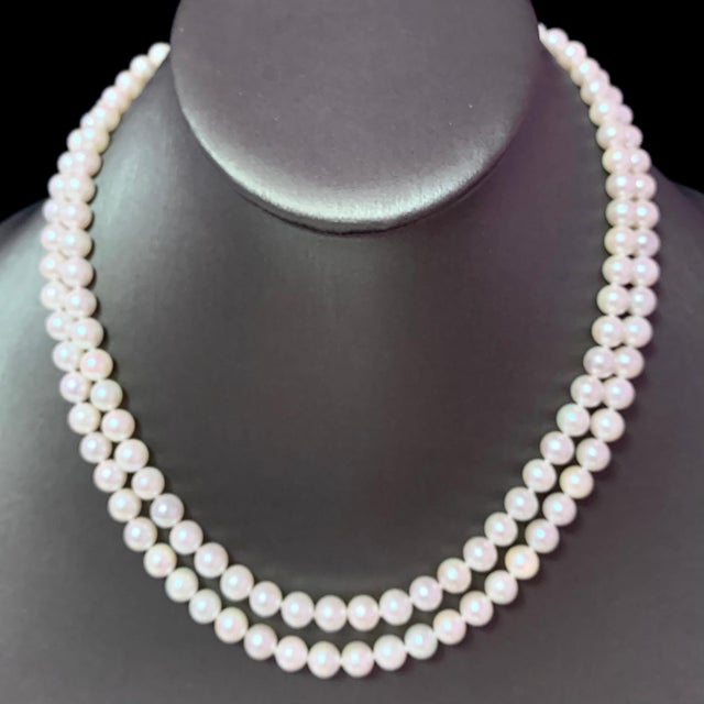 Diamond Akoya Pearl 2-Strand Necklace 18k Gold Certified For Sale - Image 4 of 9