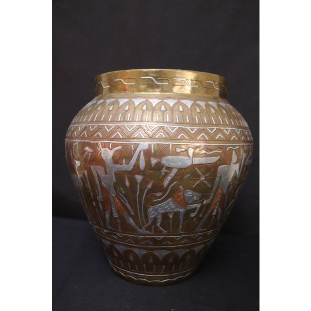 Tribal Large Vintage Egyptian Cairo Ware Brass Vase With Copper & Silver-Tone Inlay, Mid-Century, 11.75" H For Sale - Image 3 of 11