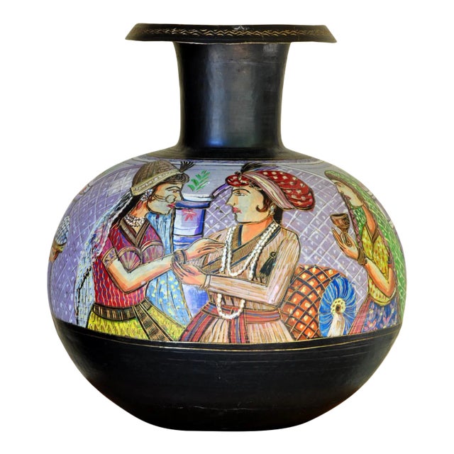 Large Brass Pitcher With Hand Painted Figures For Sale