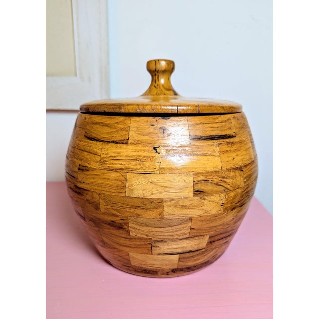 Mid-Century Hand Turned Wood Jar Segmented Artisan Signed For Sale - Image 4 of 8