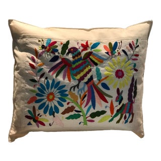 Multicolor Mexican Tenango Hand Embroidered Pillow Cover For Sale