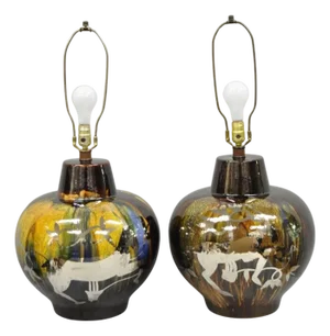 Mid Century Modern Ram Brown Drip Glaze Pottery Table Lamps by Sunset Cosco Pair