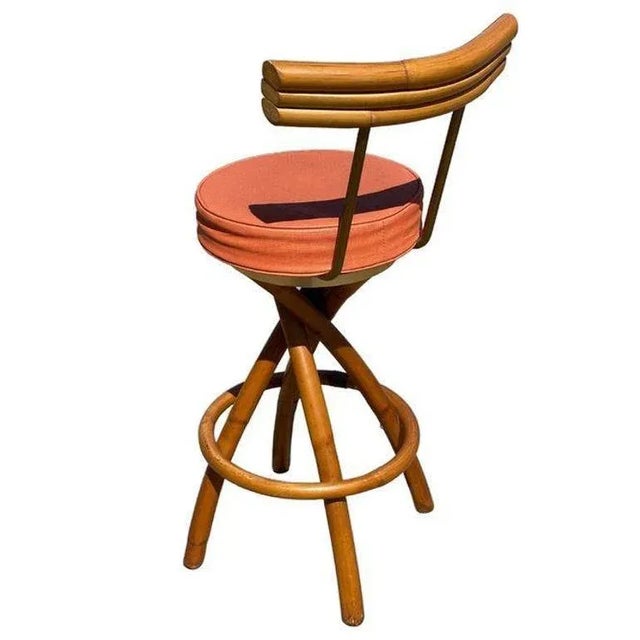 1950s 1950s Restored Mid-Century Swivel "Spiral" Leg Rattan & Brass Barstools,- Set of 2 For Sale - Image 5 of 8