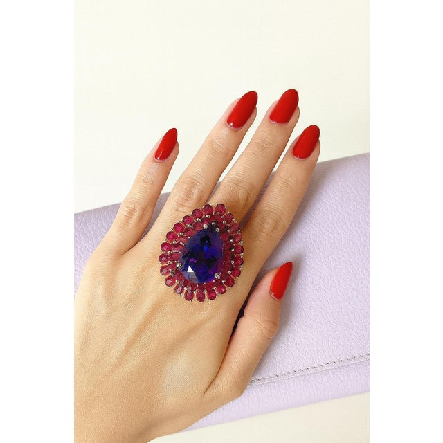 Bochic “Orient” Vintage Natural Ruby & Amethyst Ring Set In 18 K Gold & Silver For Sale - Image 9 of 9