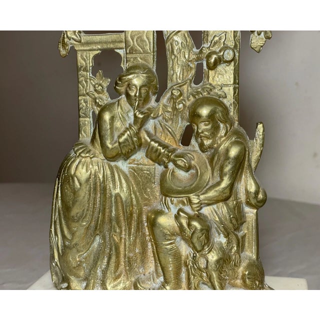 Victorian Pair of Antique Ornate Figural Brass Marble Crystal Girandole Candle Holders For Sale - Image 3 of 14