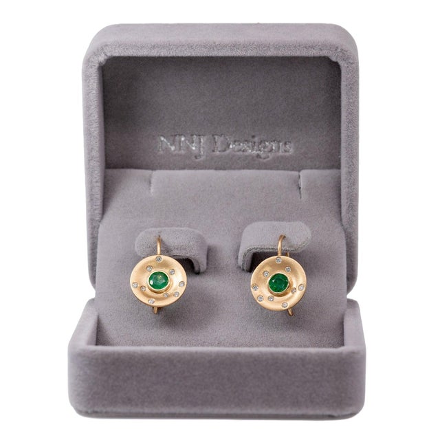 Modern Zambian Emerald Stud Earrings With Earth-Mined Diamond Accents: Solid 14k Gold, A Pair For Sale - Image 3 of 6