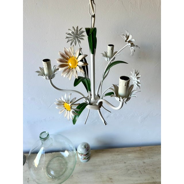 Metal Italian White Tole Daisy 3-Light Chandelier, 1970s For Sale - Image 7 of 18