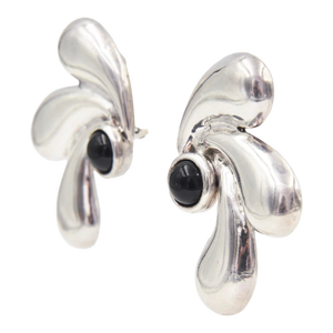 Vintage Sterling Silver Clip-on Earrings With Black Onyx Cabochon, A Pair