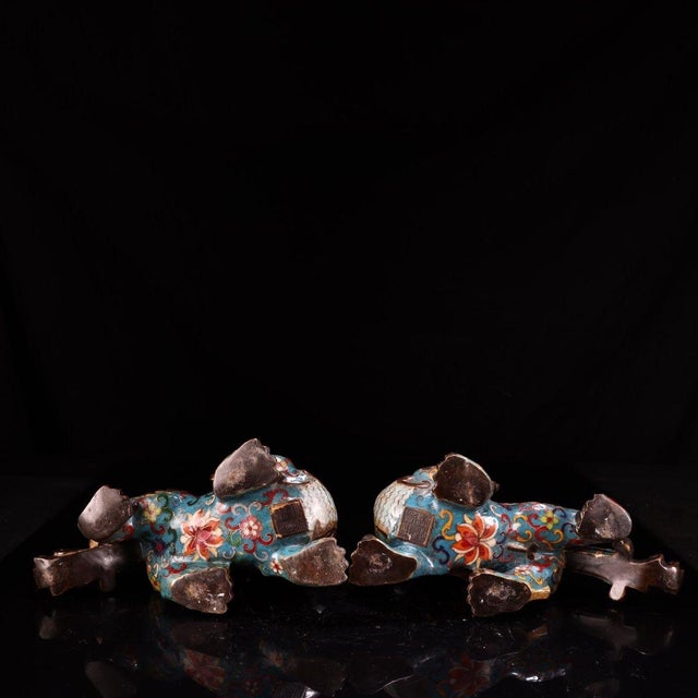 Turquoise Pair of Vintage Cloisonne Enamel Guardian Lions – 5.9" Foo Dog Figures For Sale - Image 8 of 10