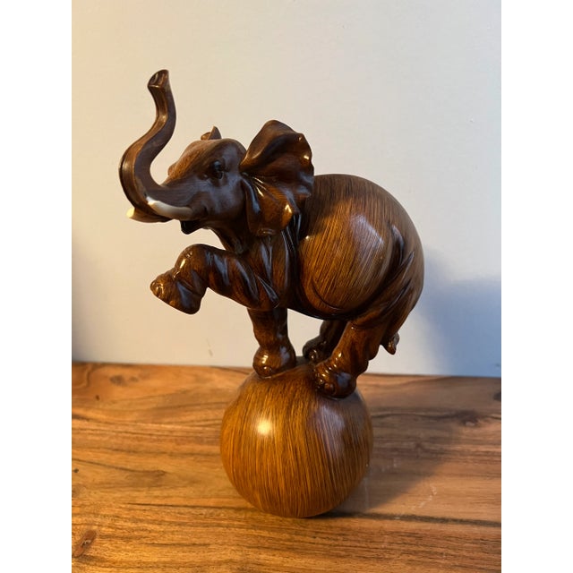 Brown 1950s Wooden Elephant on Ball Sculpture For Sale - Image 8 of 11