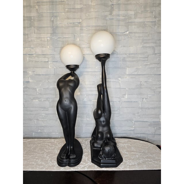 Set of 2 Vintage Art Deco Black Lamps Nude Woman Holding a Globe Figural For Sale - Image 4 of 12