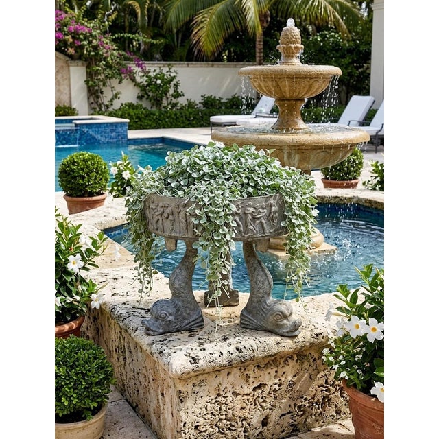 Vintage Neoclassical Relief-Carved Lead Garden Planter on Dolphin Tripod Base For Sale - Image 10 of 10