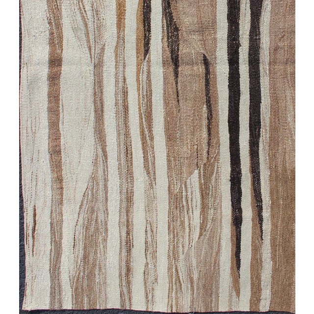 Contemporary Stripe Design Turkish Vintage Flat-Weave Rug in Shades of Brown, Camel, Tan, and Ivory For Sale - Image 3 of 10