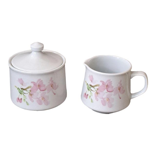 1970s Liette International Pink Dogwood Blossoms Ceramic Creamer & Sugar Bowl Set- 2 Pieces For Sale
