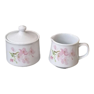 1970s Liette International Pink Dogwood Blossoms Ceramic Creamer & Sugar Bowl Set- 2 Pieces