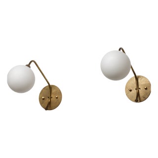 Large Italian Brass and Opaline Glass Wall Sconces, 1950s, Set of 2 For Sale