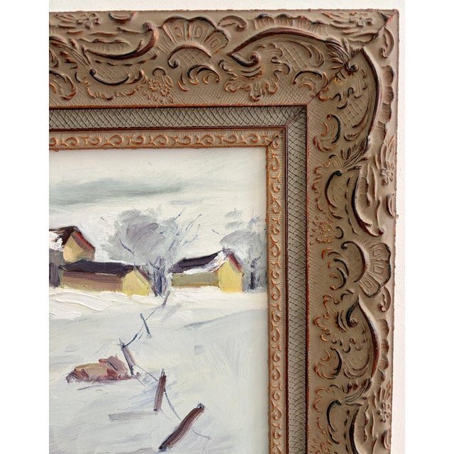 Vintage Original Oil Painting on Board – Snowy Farm and Barn Winter Landscape – Ornate Frame For Sale - Image 16 of 17
