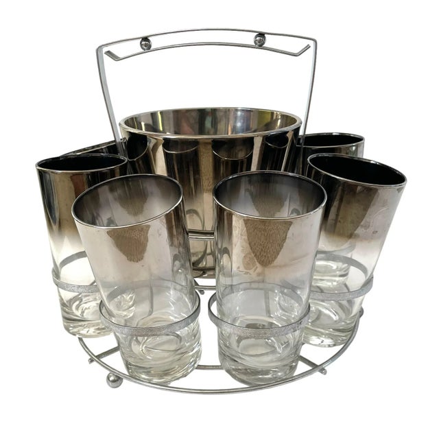 Mid-Century Modern Queen's Lusterware Bar Set Silver Ombre 8 Highball Glass Ice Bucket Chrome Caddy For Sale - Image 3 of 9