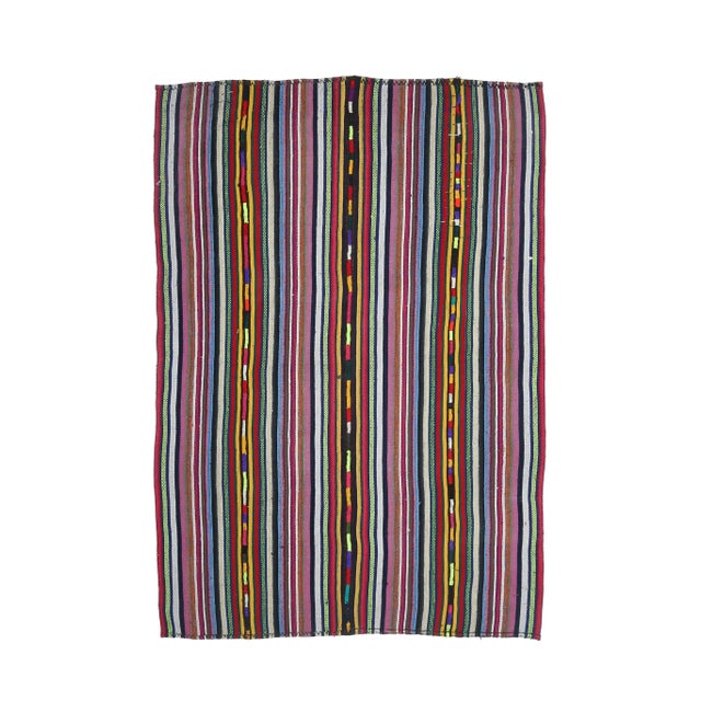 Vintage Turkish Oushak Handmade Wool Cotton Pink Kilim Area Rug For Sale - Image 11 of 11