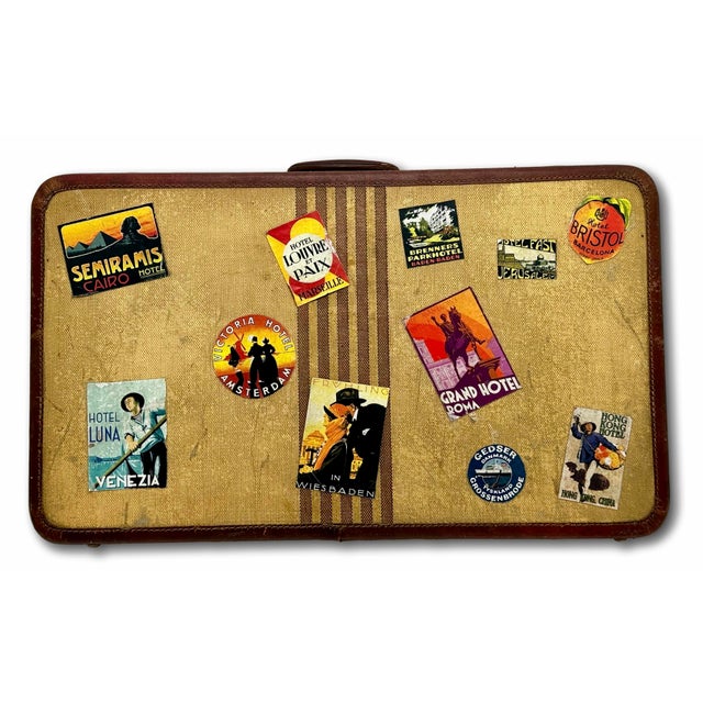 Vintage 1940s Travel Size Tweed Suitcase With Nice Assortment of World Grand Tour Locations Paper Labels For Sale In Boston - Image 6 of 18