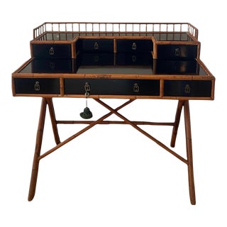 Mid 20th Century Chinoiserie Bamboo Desk and Black Lacquer Desk With Brass Asian Pulls For Sale