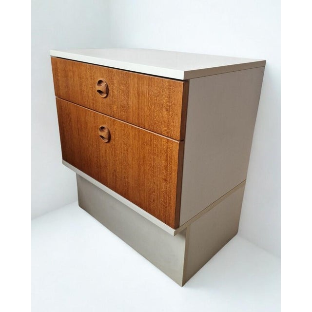 Large Scandinavian bedside table from the 1970s in white Formica with teak fronts. Very good condition, with two very...